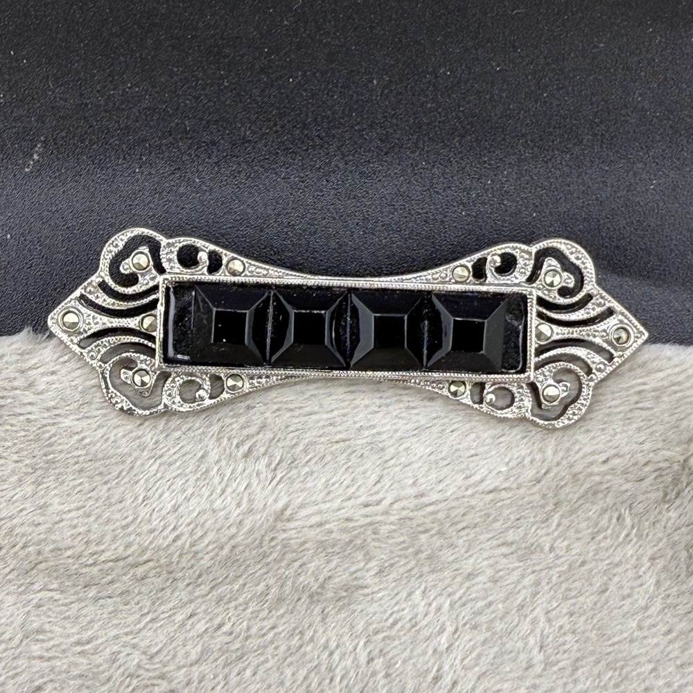 Vintage 1928 Brooch Silver Tone Marcasite Deco Revival Black Bar Pin